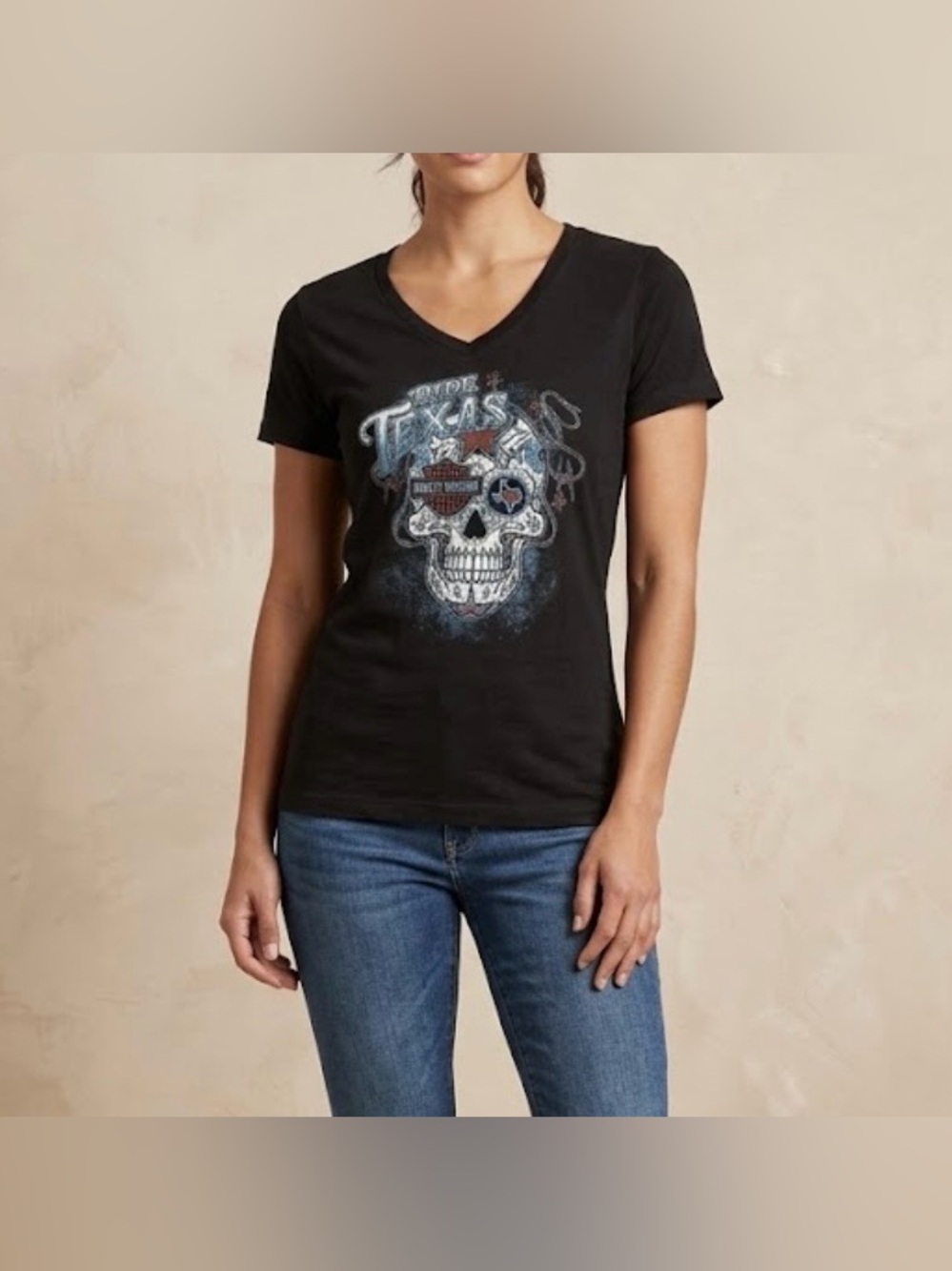 Harley Davidson Womens Large Black V Neck T Shirt Ride Texas Sugar Skull Biker